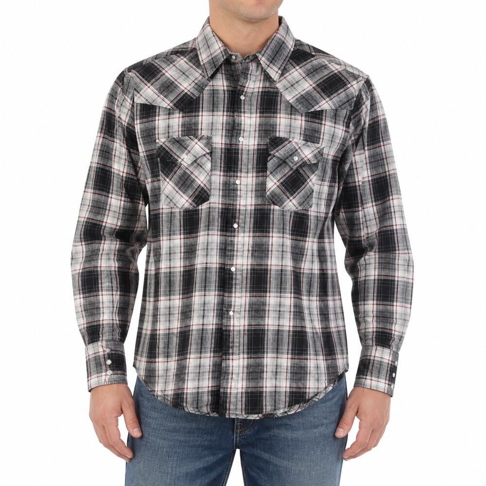 Ely Cattleman Shirt Mens Medium Black Gray Plaid Western Pearl Snap Flannel